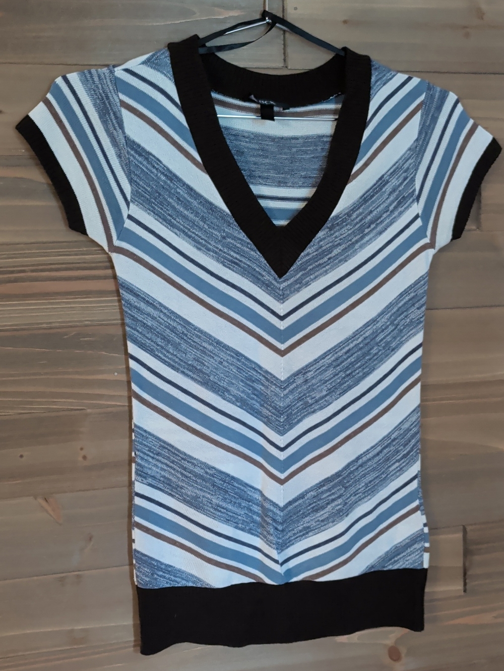 BCX Striped V-Neck Knit Top - Blue & Brown